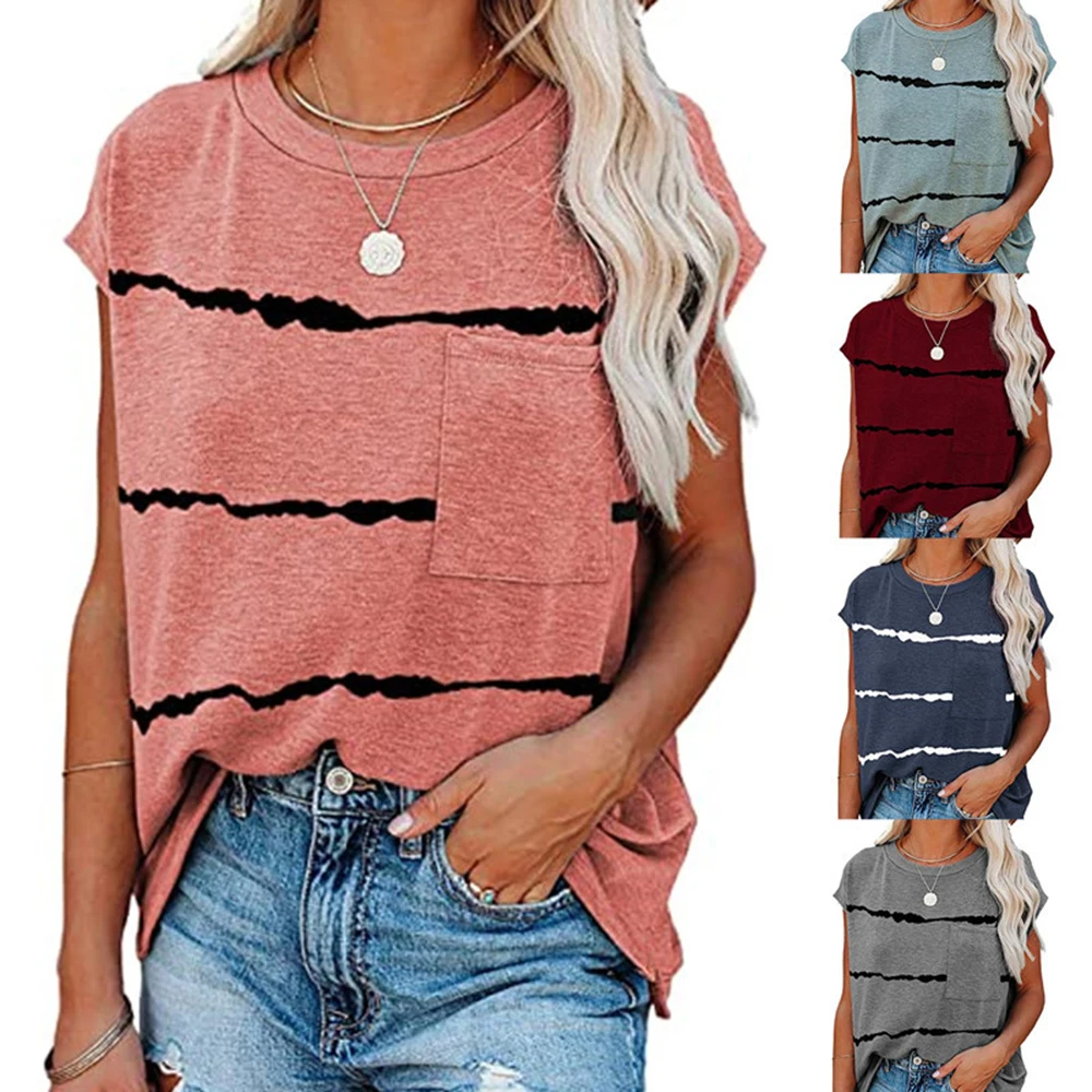 

Женская футболка в полоску, свободная футболка с круглым вырезом и коротким рукавом, с принтом и карманами, в европейском и американском сти...