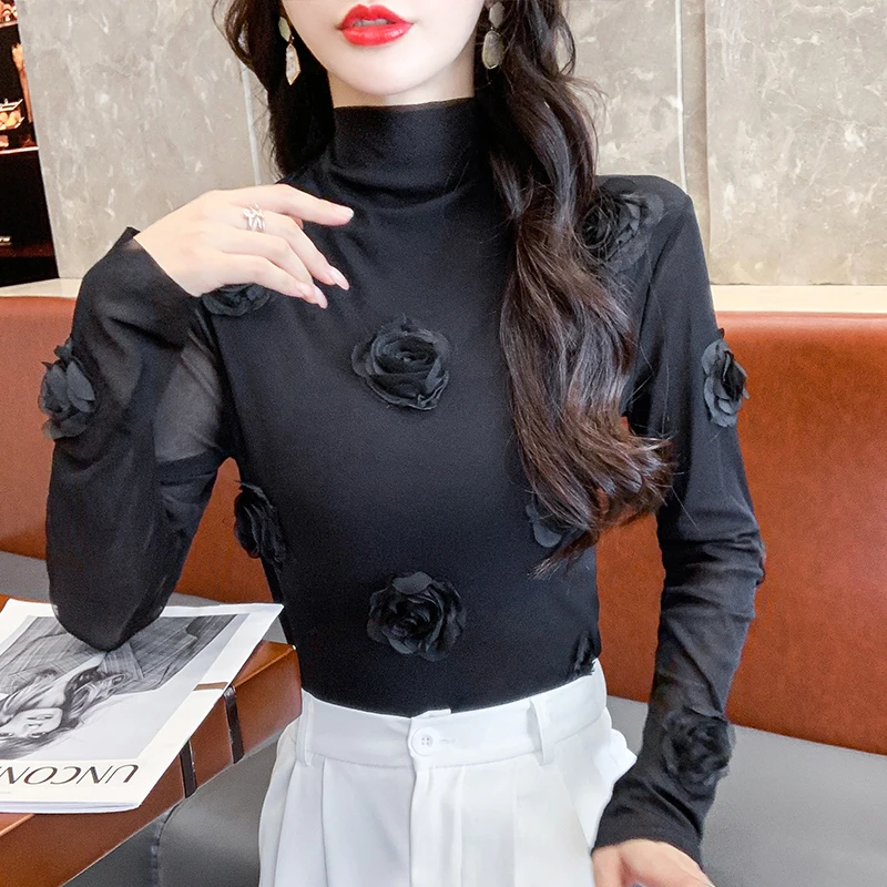 

Футболка корейская мода полувысокий воротник длинный рукав трехмерная женская элегантная тонкая футболка Y2k