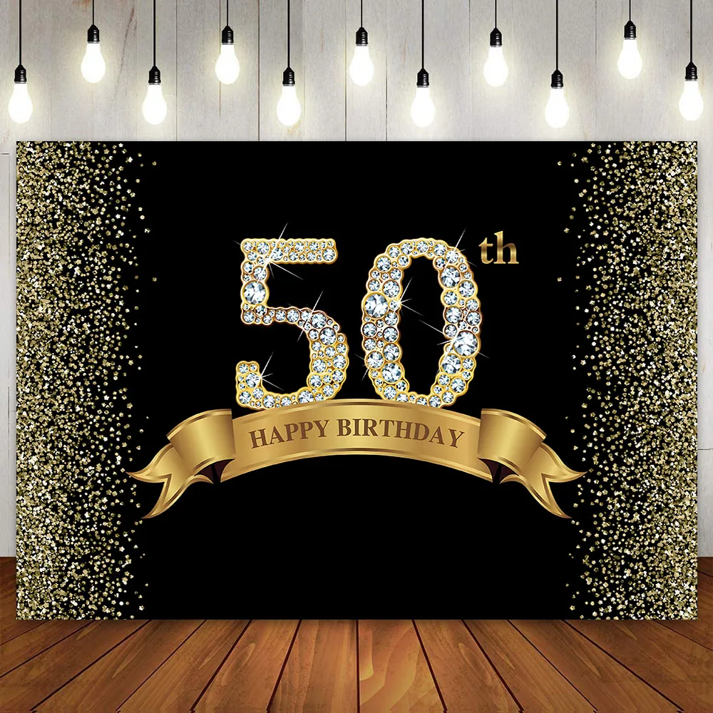 

Happy 50th Birthday Party Cake Banner Decoration Backdrop Black and Gold Photography Background for Men Women Fifty 50 Years Old