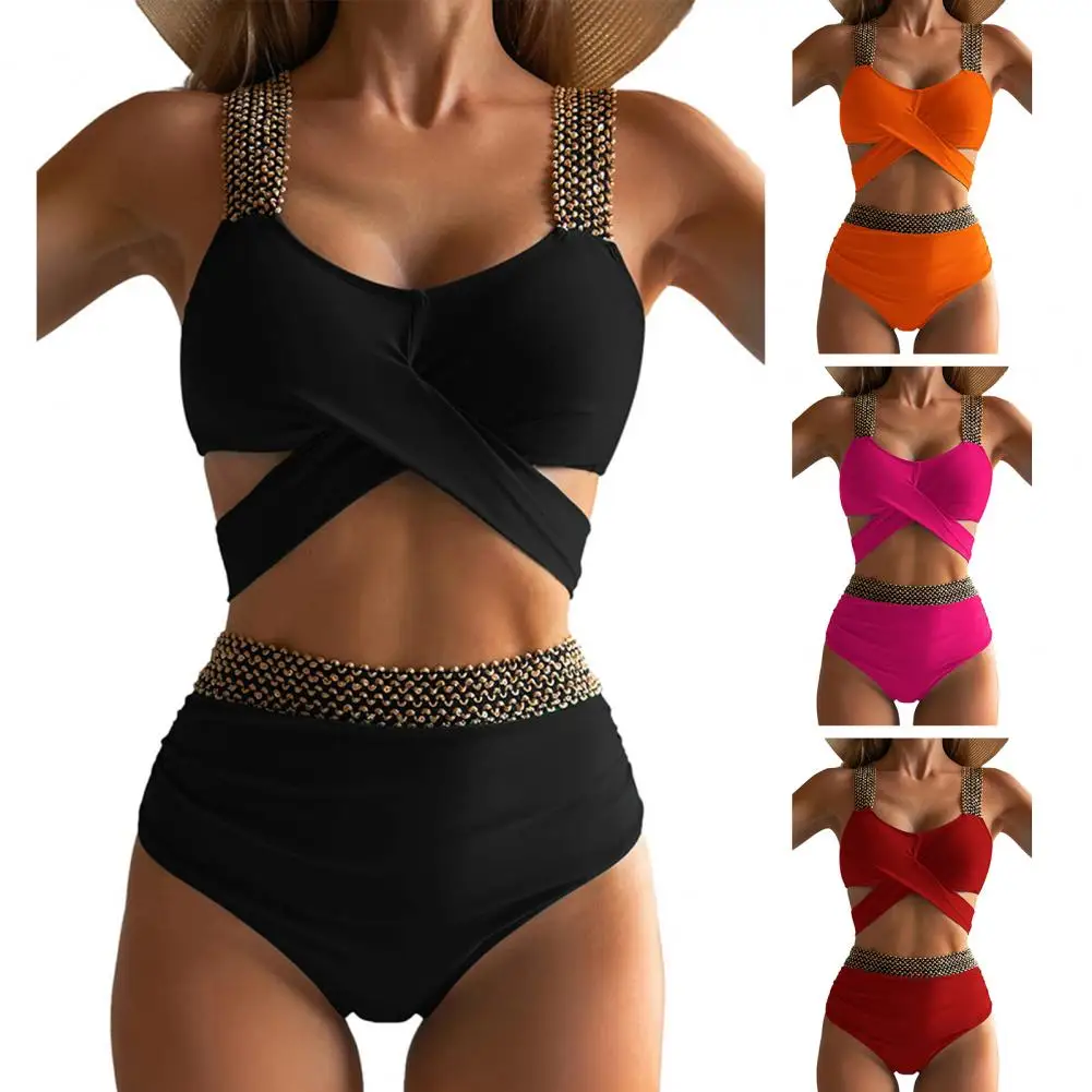 

1 Set Women Bikini Set Cross Bandage Push Up Padded Wire Free Swimming Sexy Solid Color Bathing Suit Swimwear Swimming Garment