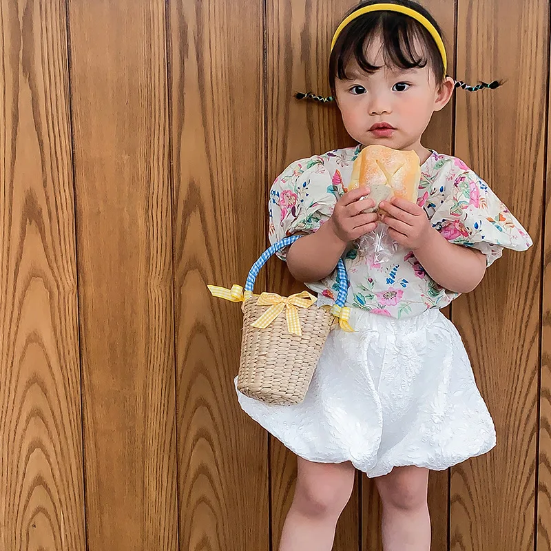 Straw Weave Children's Mini Bucket Bag Cute Bow Baby Girls Picnic Small Tote Shoulder Bags Summer Princess Accessories Handbags