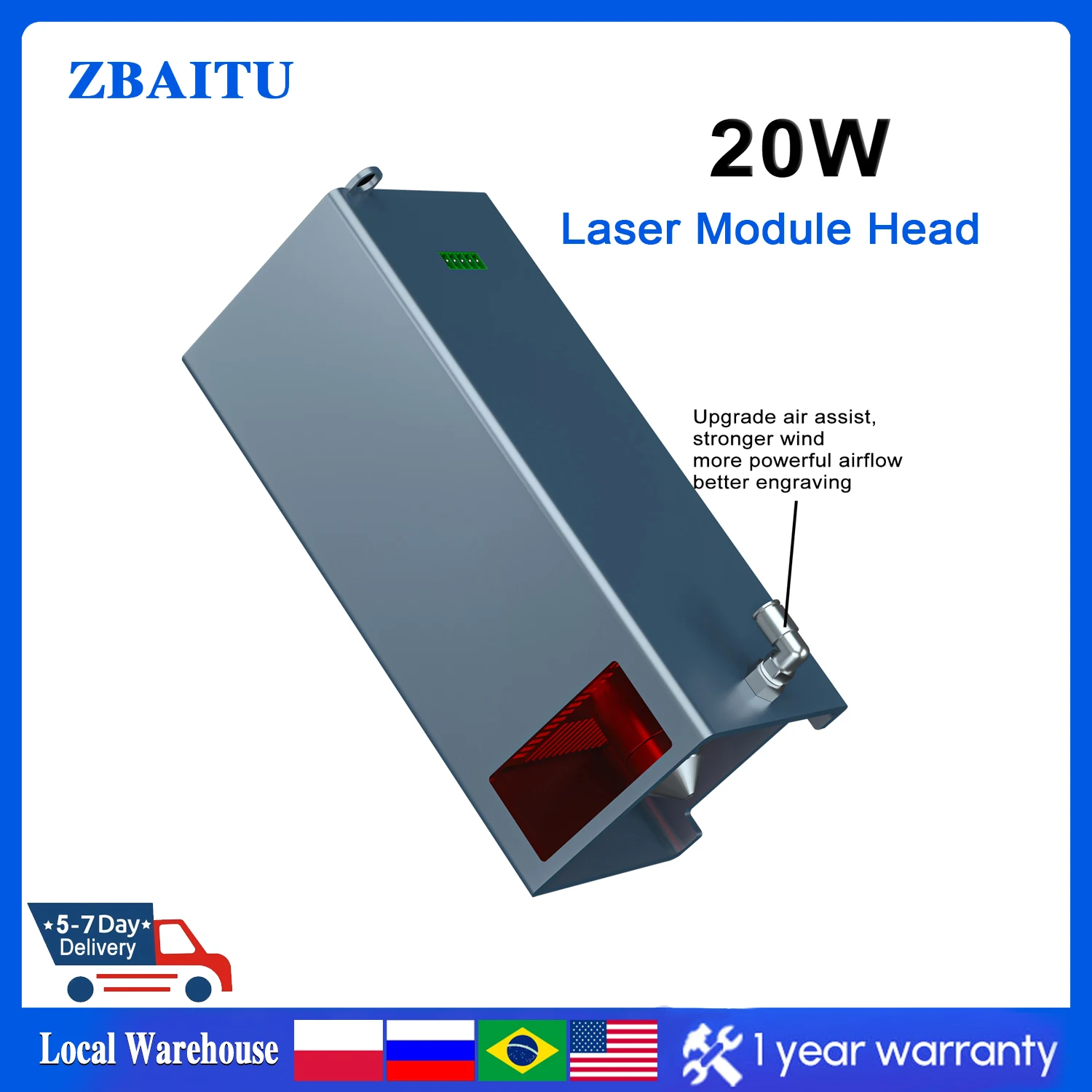 ZBAITU Laser Engraver Module Head 20W Optical Power for CNC Engraving Cutting Machine 450nm Cutter DIY w/Metal Air Assist Nozzle