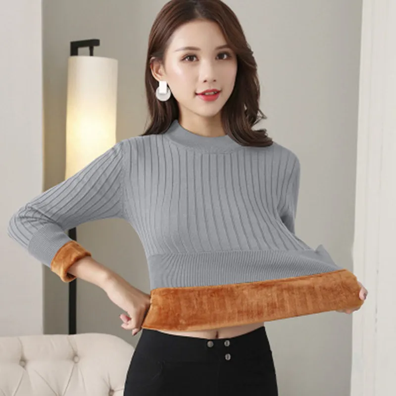 Women's Fleece Sweater Winter Long-sleeved Thickening Warm All-match Knitted Sweater Slim Fit Thin High Elastic Top Women