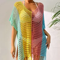 new v neck patchwork color side split cover up women bikinidress hollow out tassel hem female sunscreen dress beachwear
