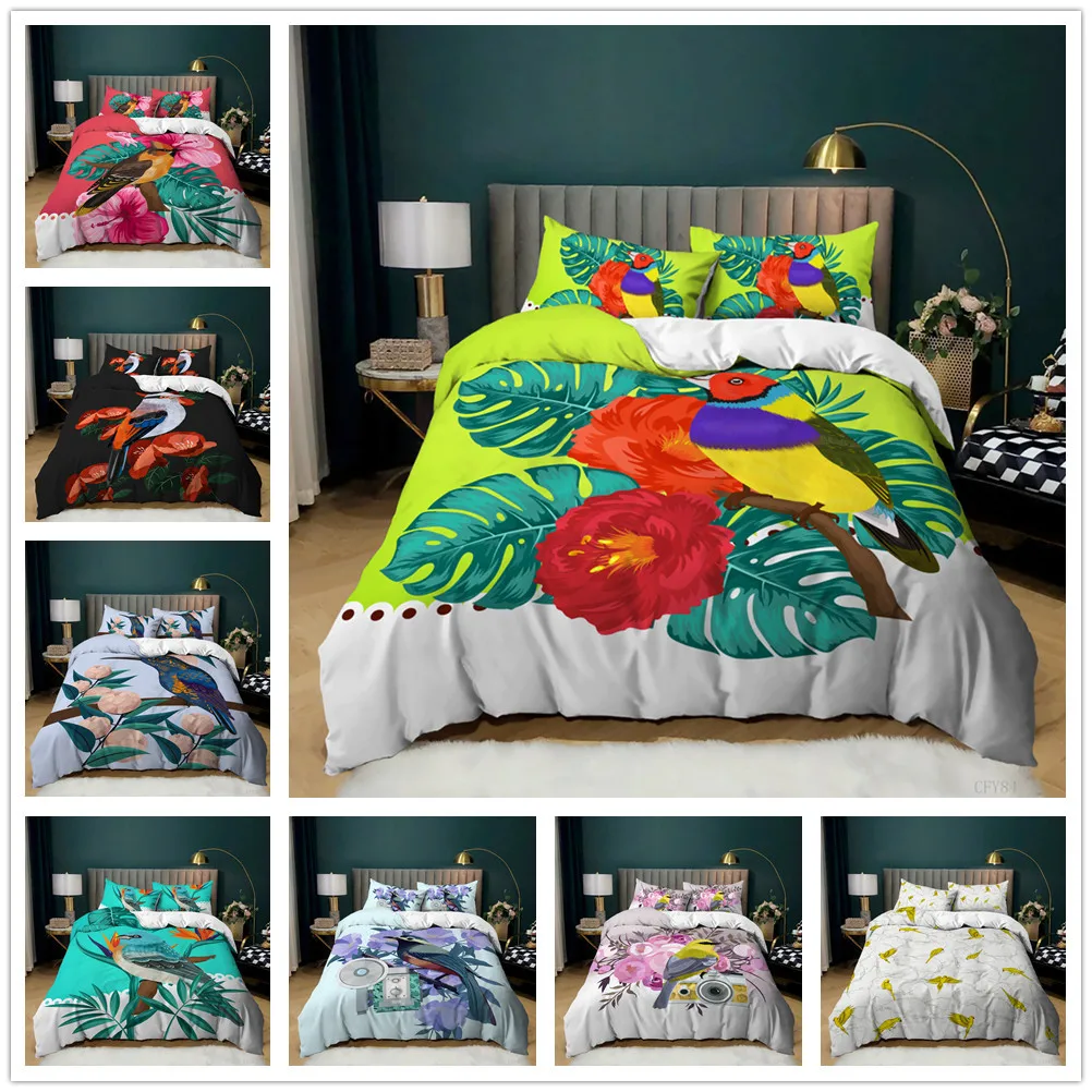 

Parrot Duvet Cover Set King Size Realistic Looking Birds on Branches Macaw Tropical Wildlife Theme Bedding Set Soft Quilt Cover