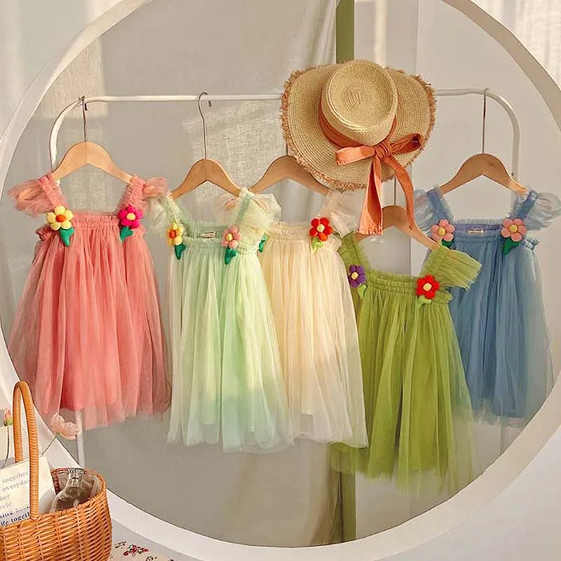 

Summer Korean Baby Girl Dress Princess Flower Sleeve Tulle Tutu Dresses for Kids Shaggy Beach Party Sundress Teen Clothes 1-6Y