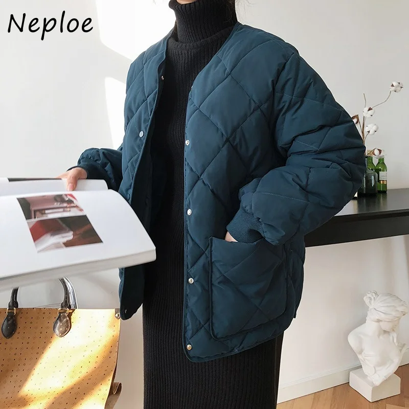 

CINESSD Chic Diamond Lattice O-neck Cotton Jacket Woman Hong Kong Style Loose Down Cotton Coats Female Winter 2022 New Parkas