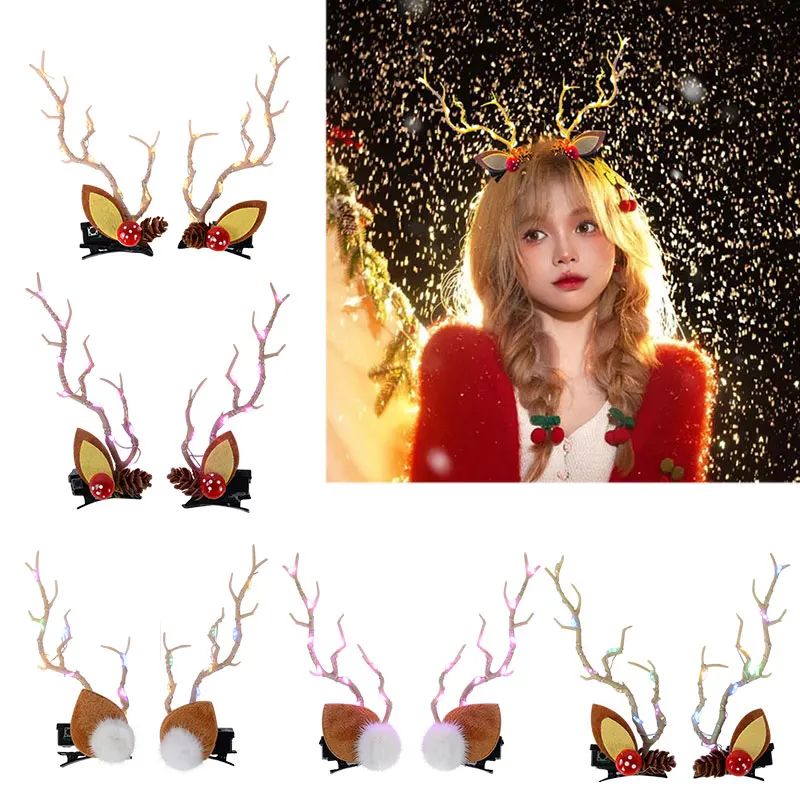 

Christmas Reindeer Antler Headband Deer Ear Flower Girl LED Glow Light Crown Decor Props Birthday Wedding Navidad Decoration2023