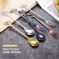 4pcs creative branch leaves spoonfork stainless steel coffee stirring spoon fruit fork teaspoon bar tableware