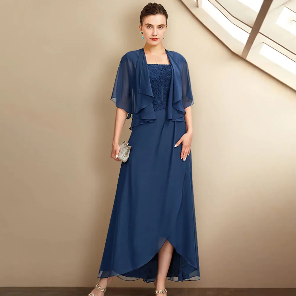 

Blue A-Line Mother of The Bride Dresses 2023 Chiffon Floor Length With Jacket Wedding Guest Gowns Square Collar Appliques