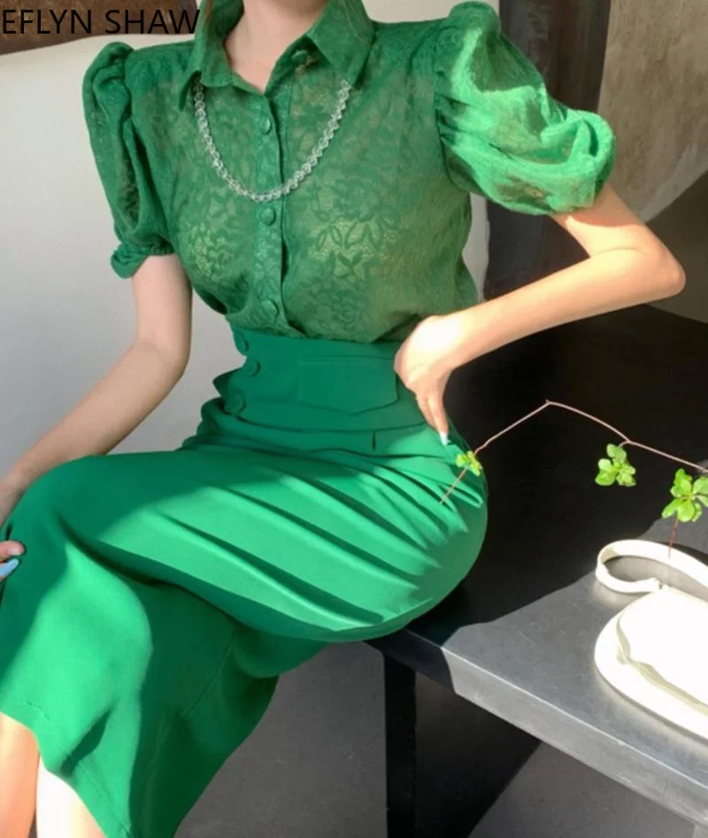 

Женский офисный костюм, элегантная Милая рубашка с пышными рукавами и юбка миди, летний элегантный кружевной комплект в стиле ретро + облега...