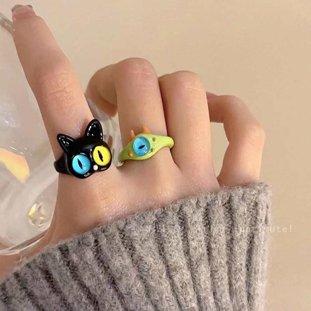 

2023 Funny Black Cat Combination Monster Ring Big Eyes Sweet Cool Cartoon Cute Bestie Rings for Couple Gifts