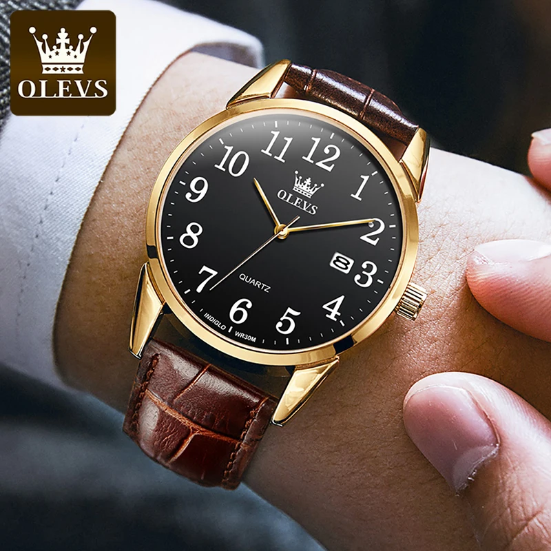 OLEVS Fashion Brown Waterproof Leather Watch Calendar Casual Simple Dial Couple Watches Quartz Watch 2022 New Couple Watch 5566
