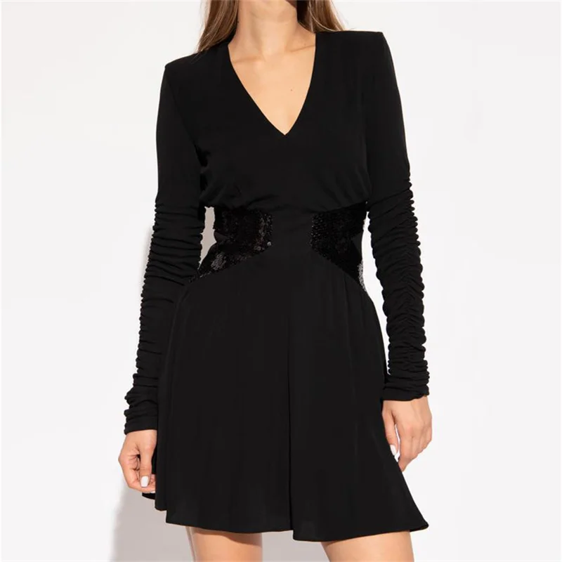 

Женское короткое Плиссированное Платье, элегантное черное платье с блестками, корейская мода, трендовая мини-юбка, Топ с длинным рукавом, новинка весны 2023