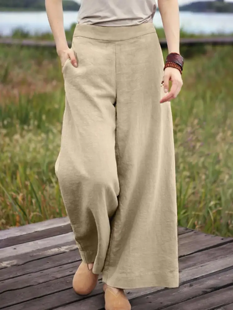 

Женские осенние брюки ZANZEA с эластичной талией, длинные брюки, однотонные винтажные широкие брюки палаццо, женские повседневные свободные рабочие брюки с резьбой