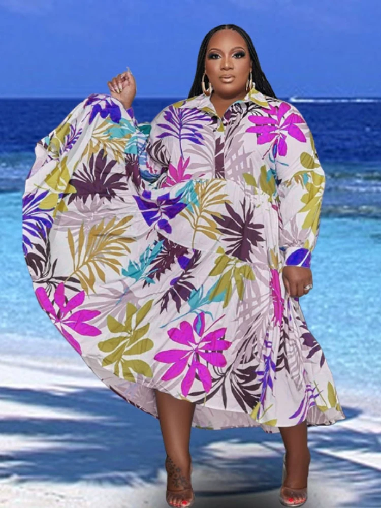 Plus Size Women Shirt Dress 2023 Summer Printed Long Sleeve Casual Loose Blouse Maxi Dresses Vestidos Elegant Beach Party Robes