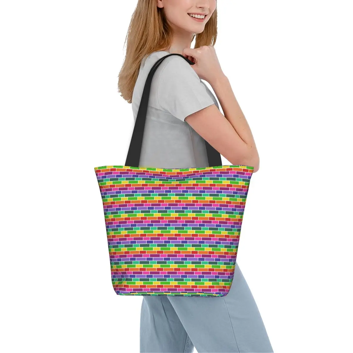 

Сумка-шоппер в стиле ретро с неоновым геометрическим принтом, уличные сумки, женские сумки для покупок с принтом, забавная тканевая сумка-тоут