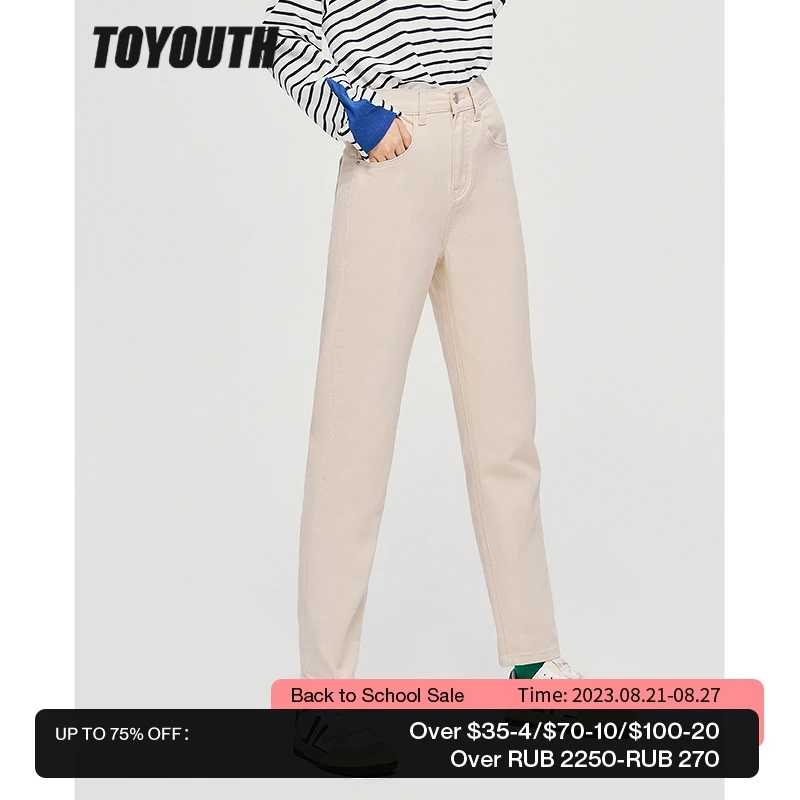 

Toyouth Women Jeans 2022 Autumn Elastic Waist Straight Denim Pants Solid Apricot Retro Chic Casual Streetwear Trousers