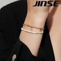 jinse fashion double layer bracelet stainless steel fashion link chain bangle bracelet for women exquisite gold color jewelry