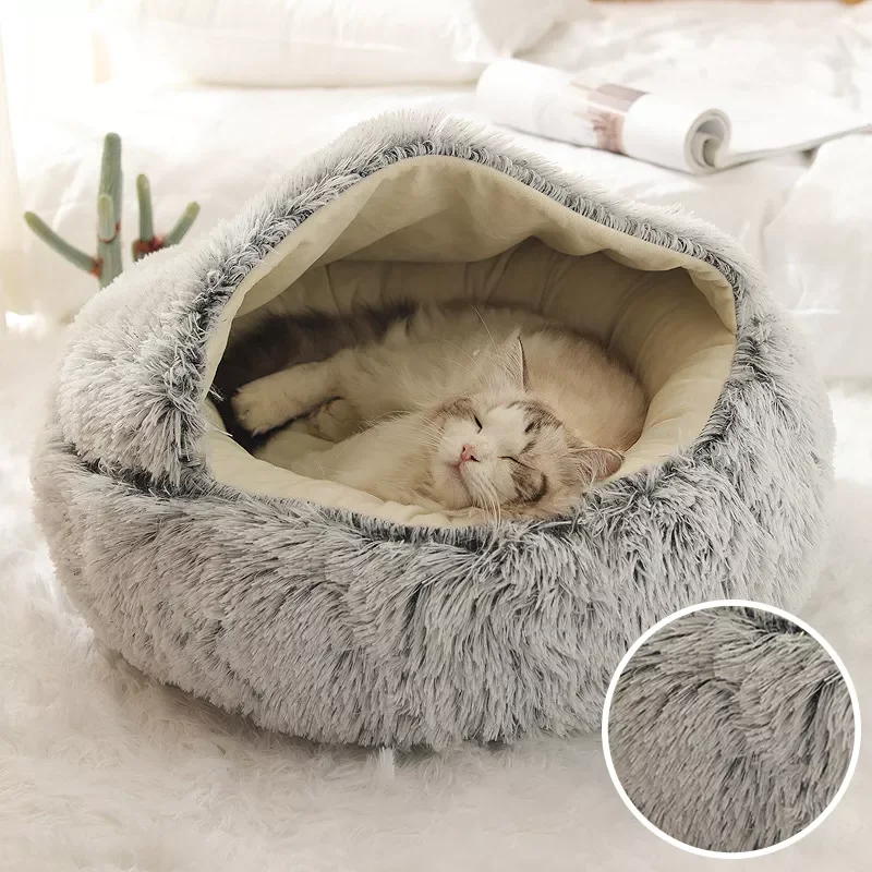 

2023 Winter Long Plush Pet Cat Bed Round Cat Cushion Cat House 2 In 1 Warm Cat Basket Cat Sleep Bag Cat Nest Kennel For Small Do