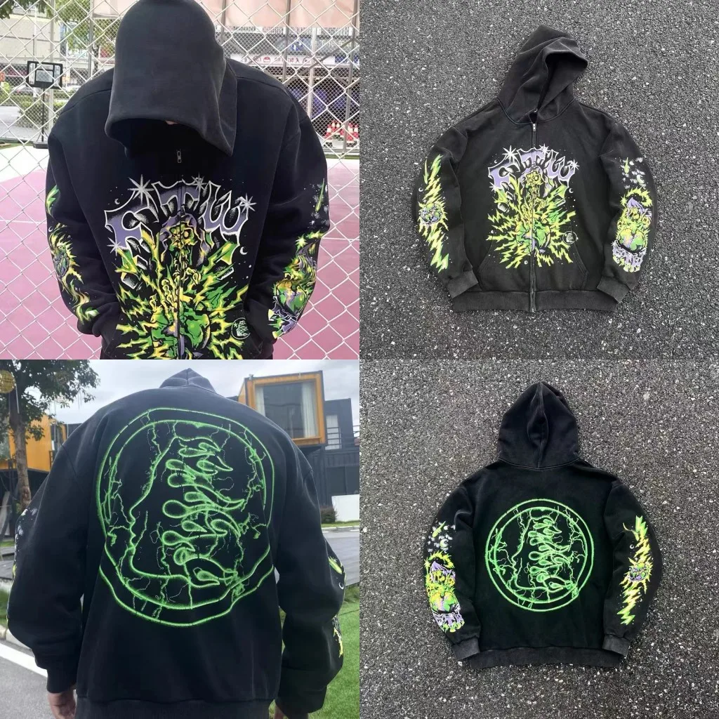 

23ss Vintage New HELLSTAR Hooded Sweatshirts Hip Hop Do Old Zip-up Cardigan Hoodies Men Women Oversize Casual Pullovers