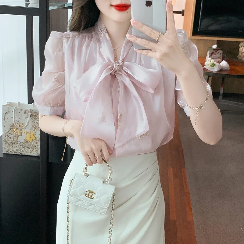 Новая женская рубашка с воротником-бантом модные женские топы коротким рукавом