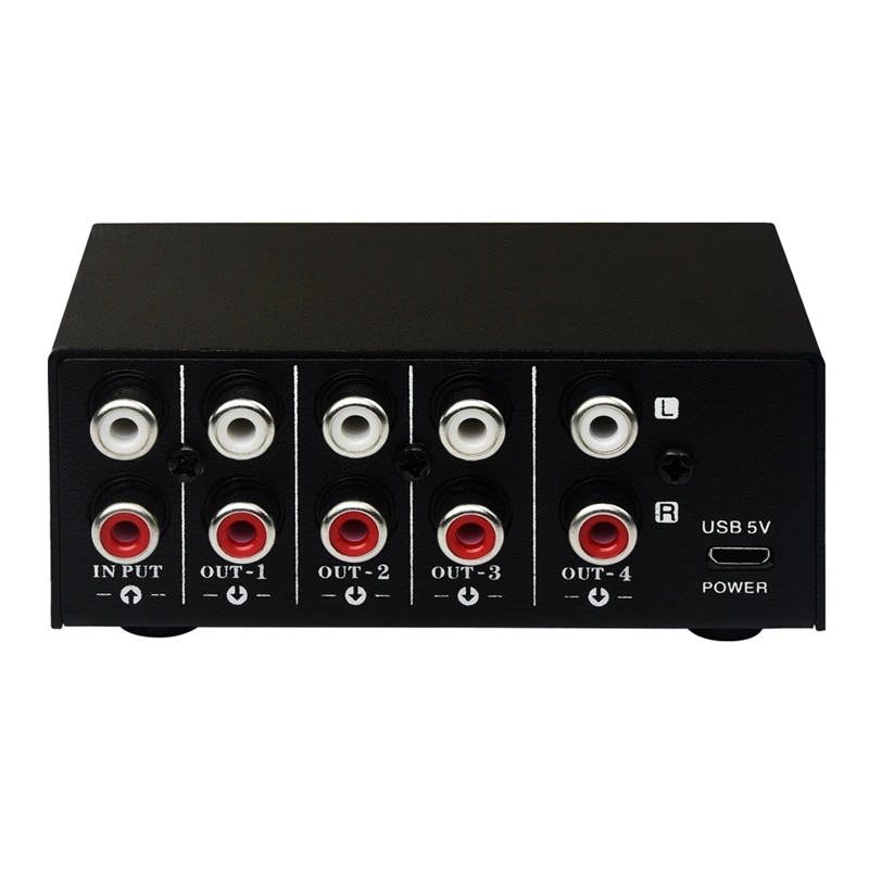 

1 in 4 Out Stereo Signal Source Splitter Audio Frequency Signal Distribute Device Non Consumption Output RCA Interface