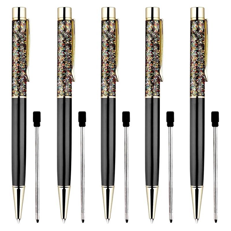 

5 Pcs Ballpoint Pens Personalized Bling Dynamic Liquid Sand Rose Gold Metal Pen Black Ink For Office Decor Supplies