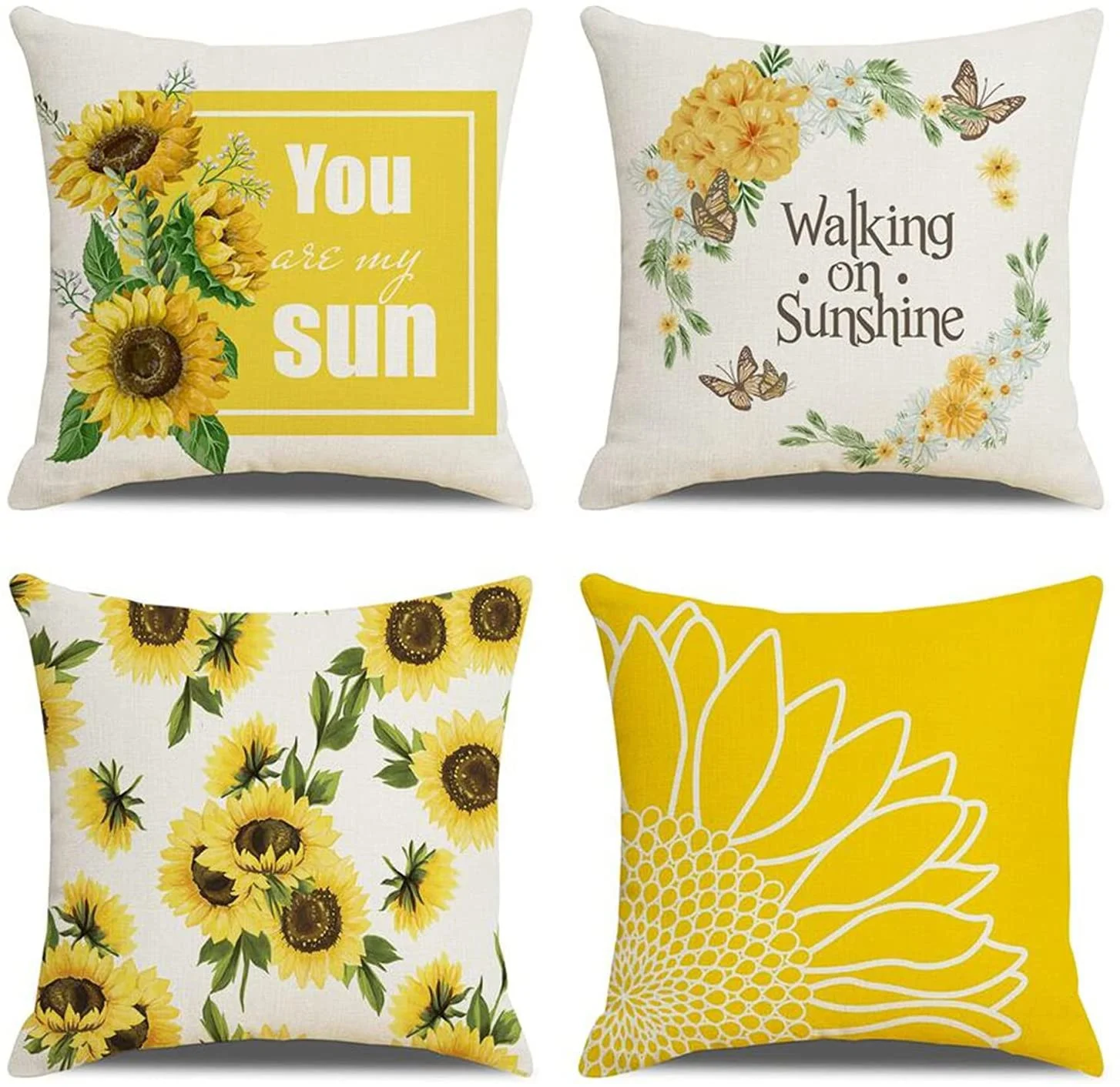 

4pcs Mamrug Sunflower Throw Pillow Covers Set of 4,Summer Butterfly Pattern Cotton Linen Square Pillow Cushion Cases pillowcase