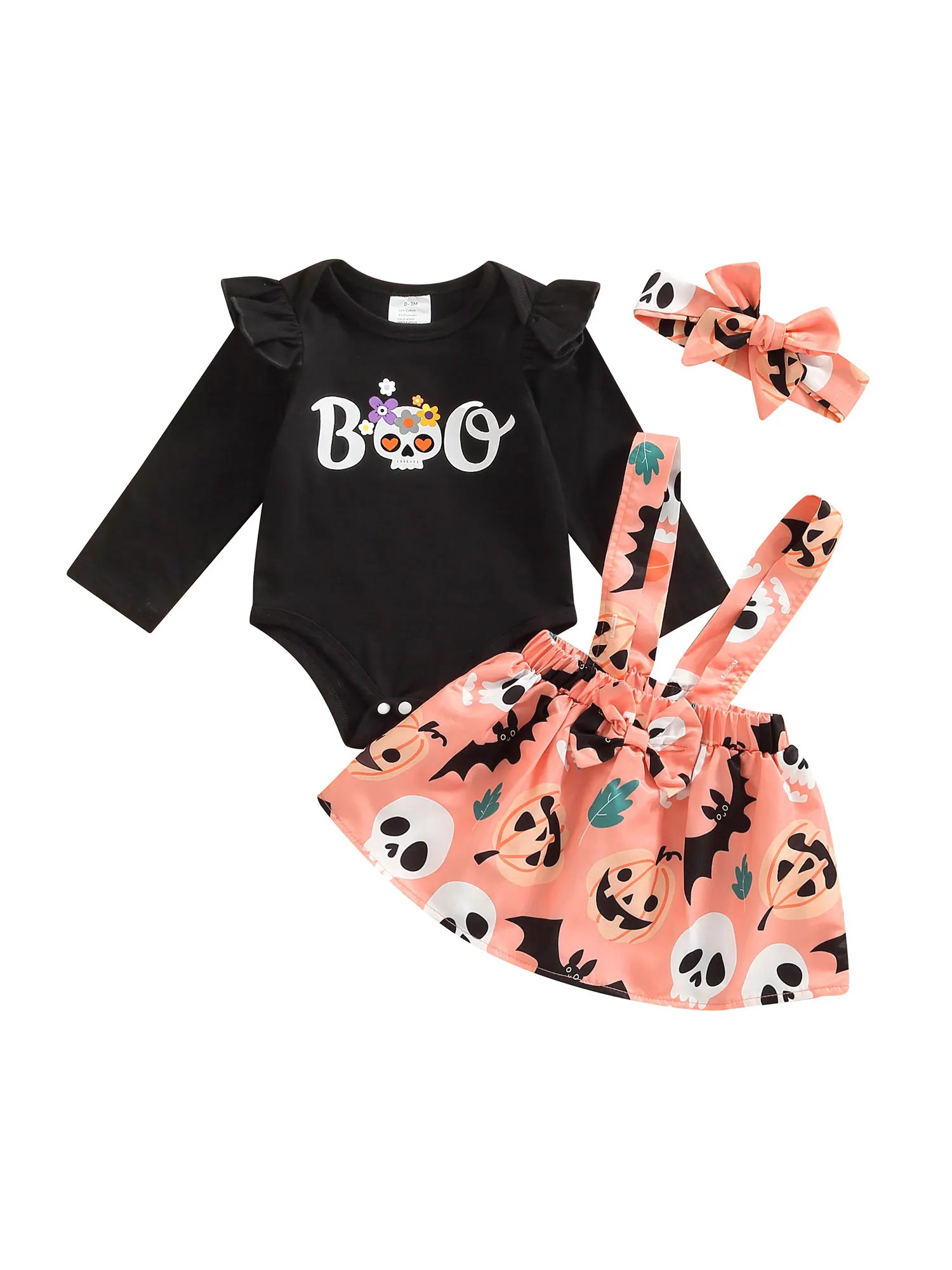 

3 Pcs Baby Girls Halloween Outfits Letter Print Fly Sleeve Romper Pumpkin Skull Print Suspender Skirt Bow Headband