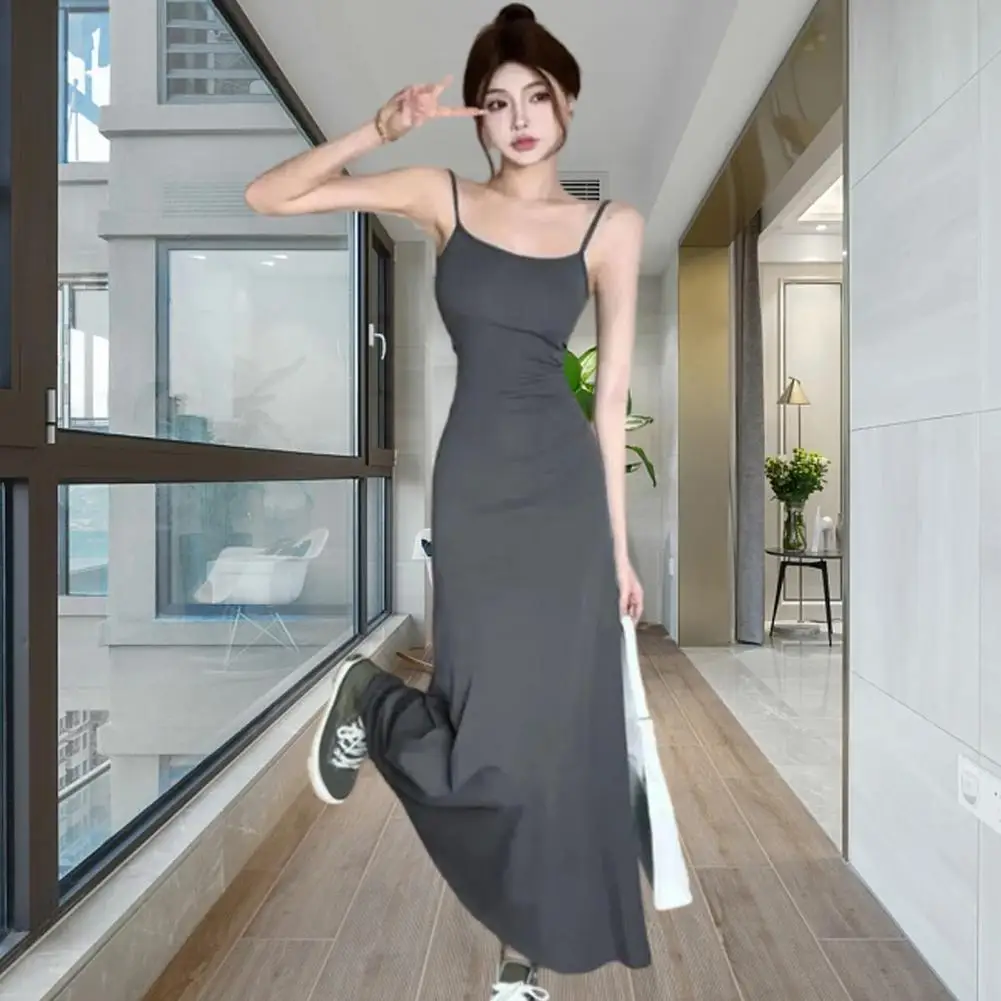 

Charming Summer Maxi Dress Slim Fit Solid Color Ankle Length Women Vest Dress Breathable Lady Strappy Dress Female Clothes