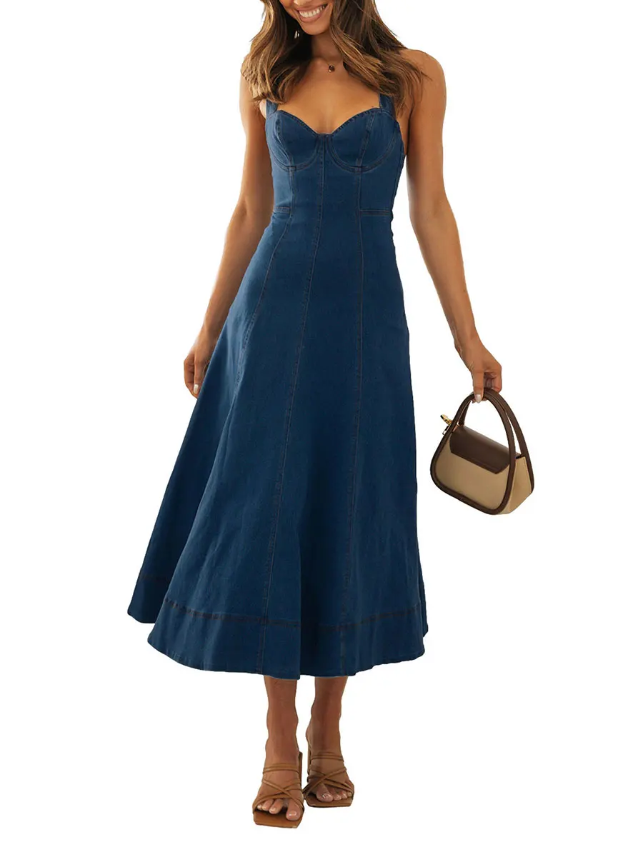 

Женское джинсовое платье без рукавов, повседневное ТРАПЕЦИЕВИДНОЕ длинное платье с высокой талией и открытой спиной, уличная одежда на лето и осень