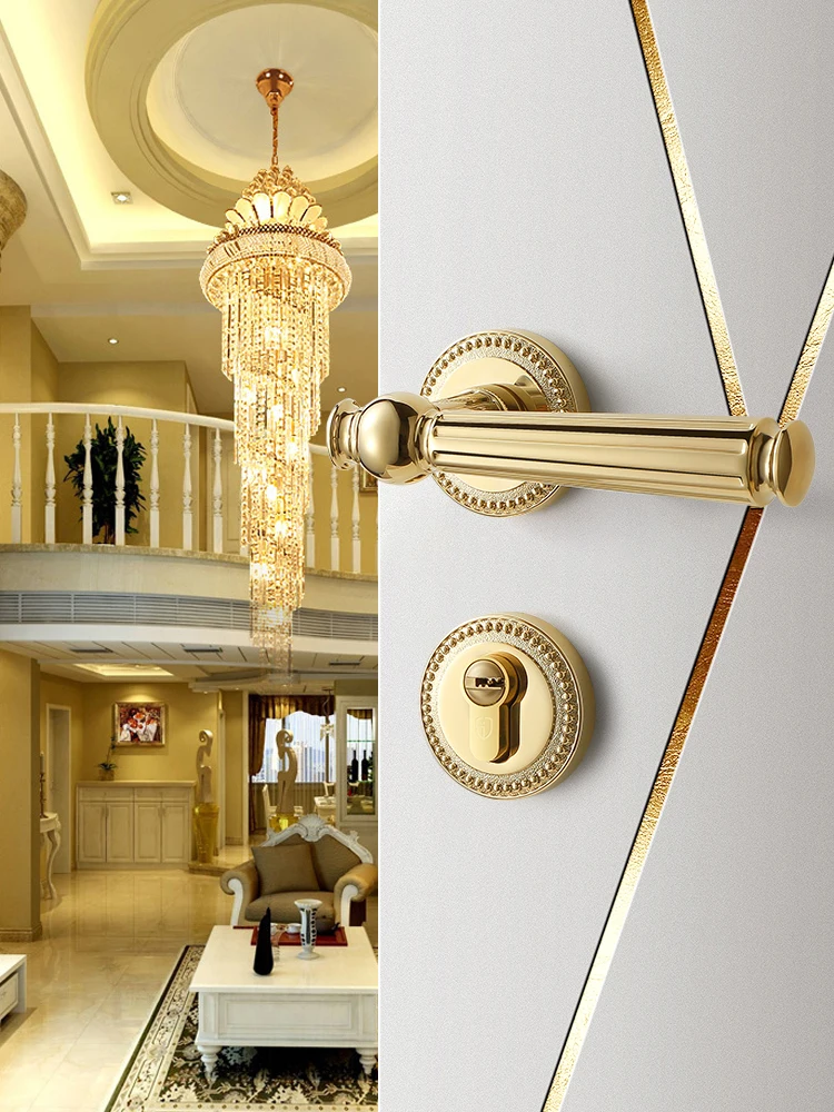 

Golden Zinc Alloy Room Lock Luxury Gold Indoor Locks Modern European Wood Door Lockset Bedroom Split Handle Knob Locksets