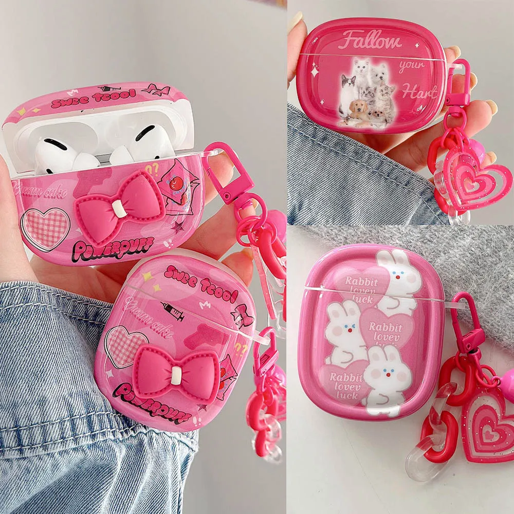 

For AirPods 1 2 Earphone Case Pink Sweet Girls Cat Rabbit Heart Pendant Shell For Airpods 3 AirPod 2 Soft TPU Round Shape Cover