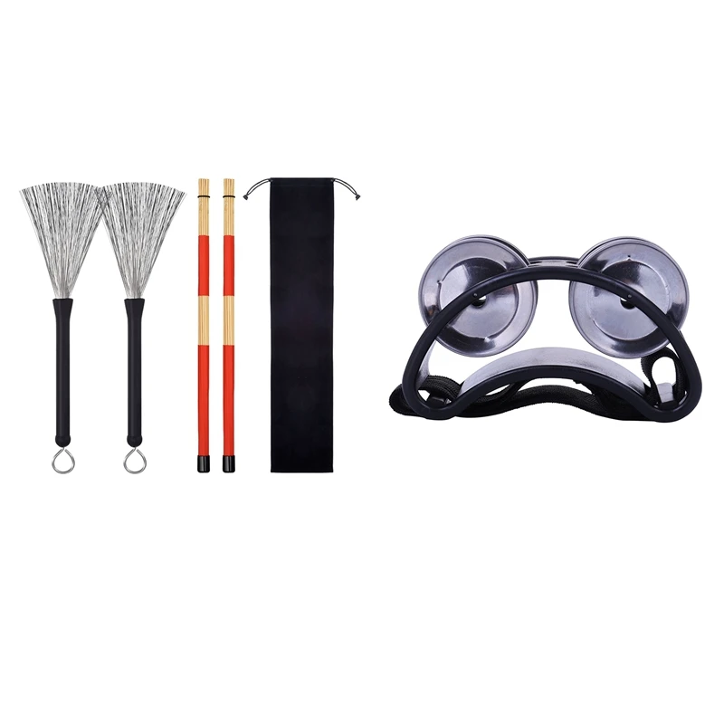 

4 Pcs Set Musical Instrument Accessories: 1 Pcs Foot Tambourine Percussion & 3 Pcs Hot Rod Sticks Drums Brush