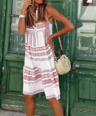 

2023 Women's New Hot Selling V-Neck Loose Waist Cute Style Spring/summer Printed Sleeveless Dress