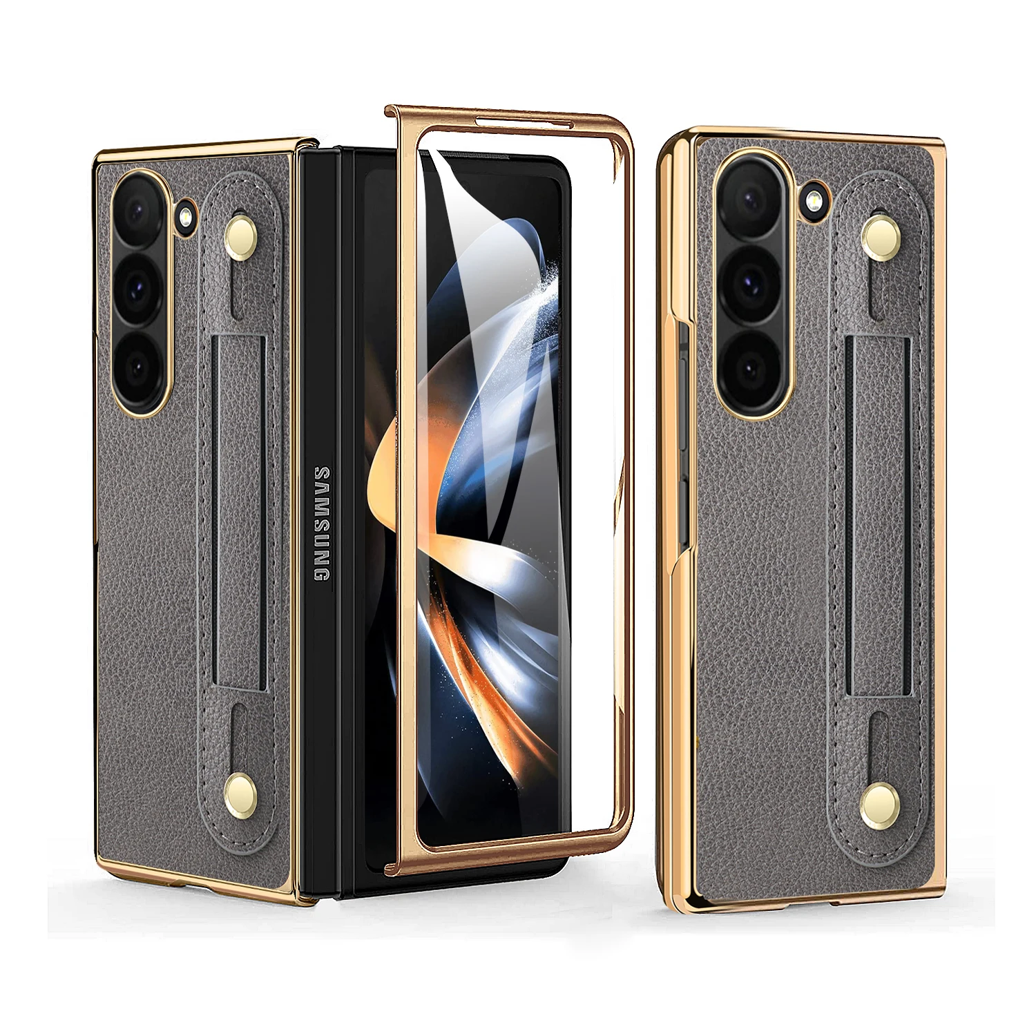 Фото Кожаный гальванический чехол VIETAO для телефона с подставкой для Samsung Galaxy Z Fold 6, чехол для телефона со стеклянной пленкой для Galaxy Fold 6 №1