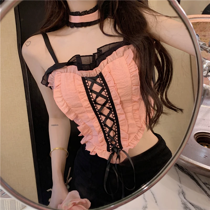 

Pink Crop Top Womn Summer Ruffled Sexy Tops Patchwork Lace-up Slim Cute Camis