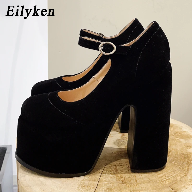 

Eilyken New arrival Waterproof Platform Round Toe Women Pumps Fashion Buckle Strap Sexy Super Thick High Heels Shoes