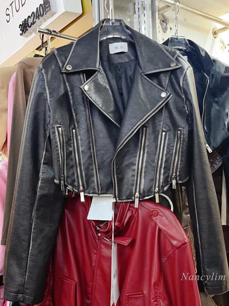 

2023 Autumn and Winter New Cool Womans Motorcycle Niche Zipper Distressed Painted Leather Jacket Women Short Pu Leather Coat