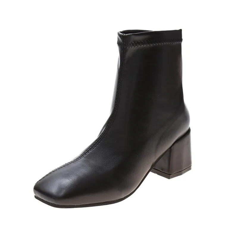 2023 Women Ankle Boots Females Shoes Square Toe High Heels Black White Classic Vintage Leather Comfort Breathable Chelsea Boots