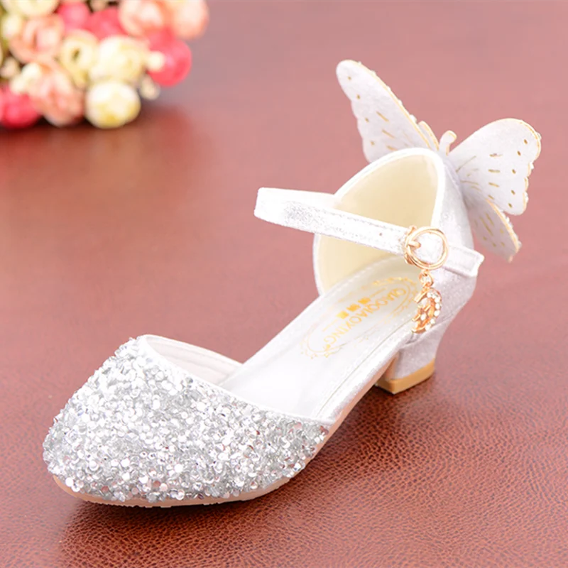 

Children Back Bow Wing Dazzling Closed Toe Sandals Pink Silver Princess Cute Shoes Crystal Low Heels Kids Buckle Strap De Tacons