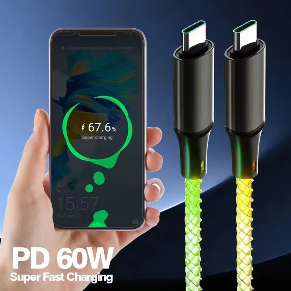 Фото Кабель для быстрой зарядки RGB USB-A на Type-C, 66 Вт, светящийся, для iPhone 16, 15, Xiaomi, Samsung, POCO, PD, USB-C, для передачи данных №1