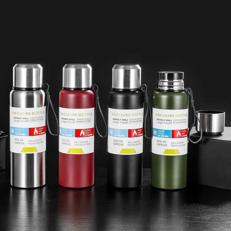

0.6/0.8/1/1.5L New Oversized Capacity Stainless Steel Vacuum Bottles Outdoor Tour Protable With Rope Straight Cup Water Bottle