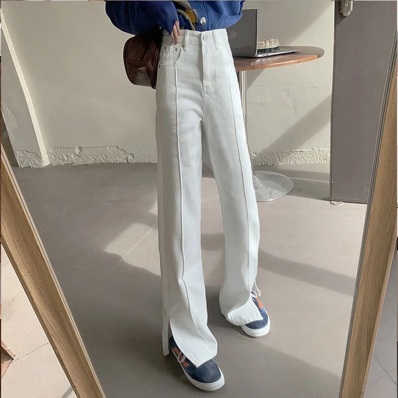 

Джинсы женские с завышенной талией, пикантные расклешенные брюки из денима с Боковым Разрезом, облегающая длинная винтажная Повседневная У...