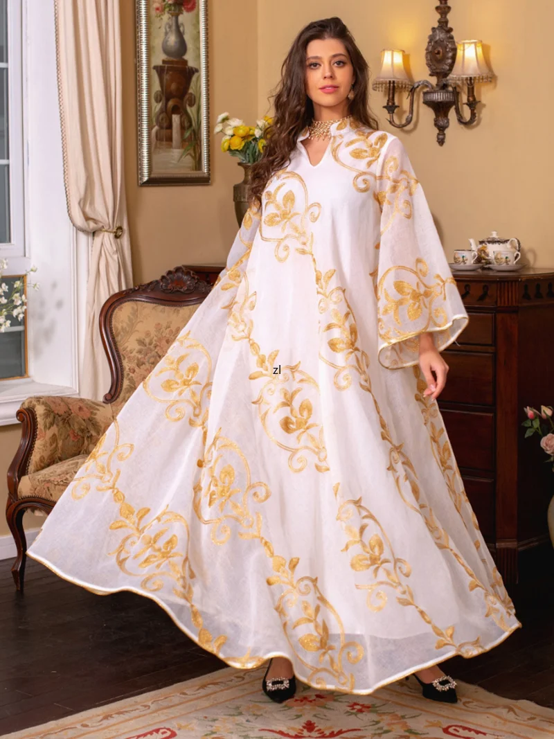 Muslim Woman Abaya Turkey New 2023 Floral Mesh Embroidery Belted Kaftan Big Hem Dress Ramadan Jalabiya