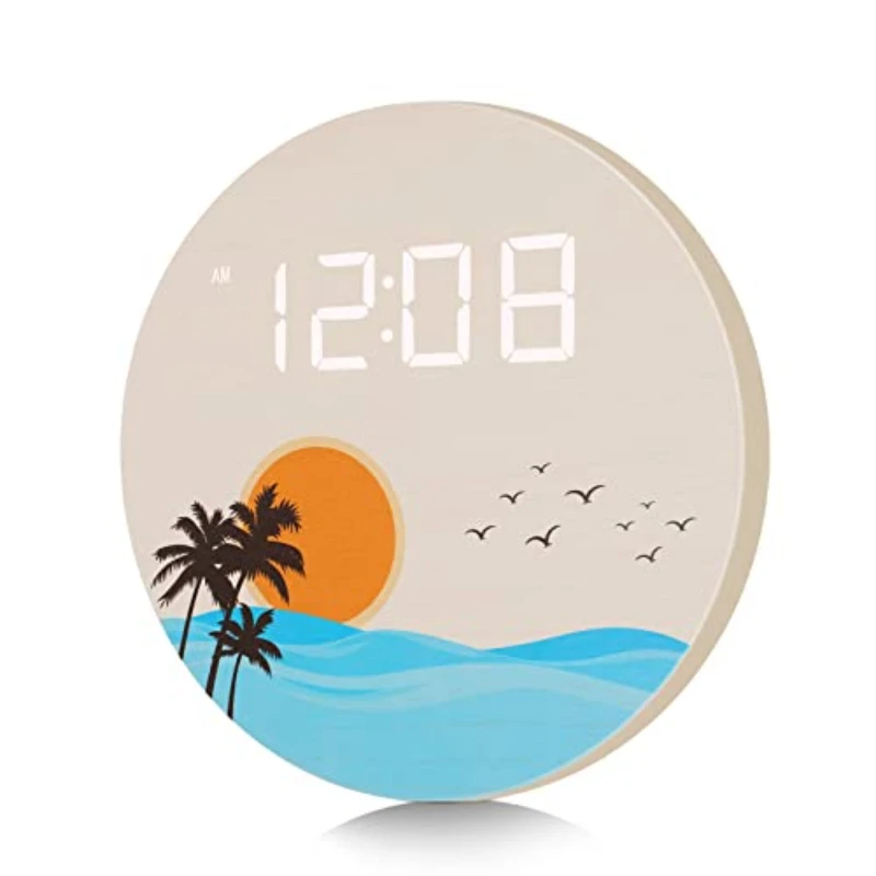 

Digital Wall Clock USB Powered Sunset Ocean Wave Desig Wall Mounted DigitalClock LED Wooden Silent Wall Clock Kitchen Living 12