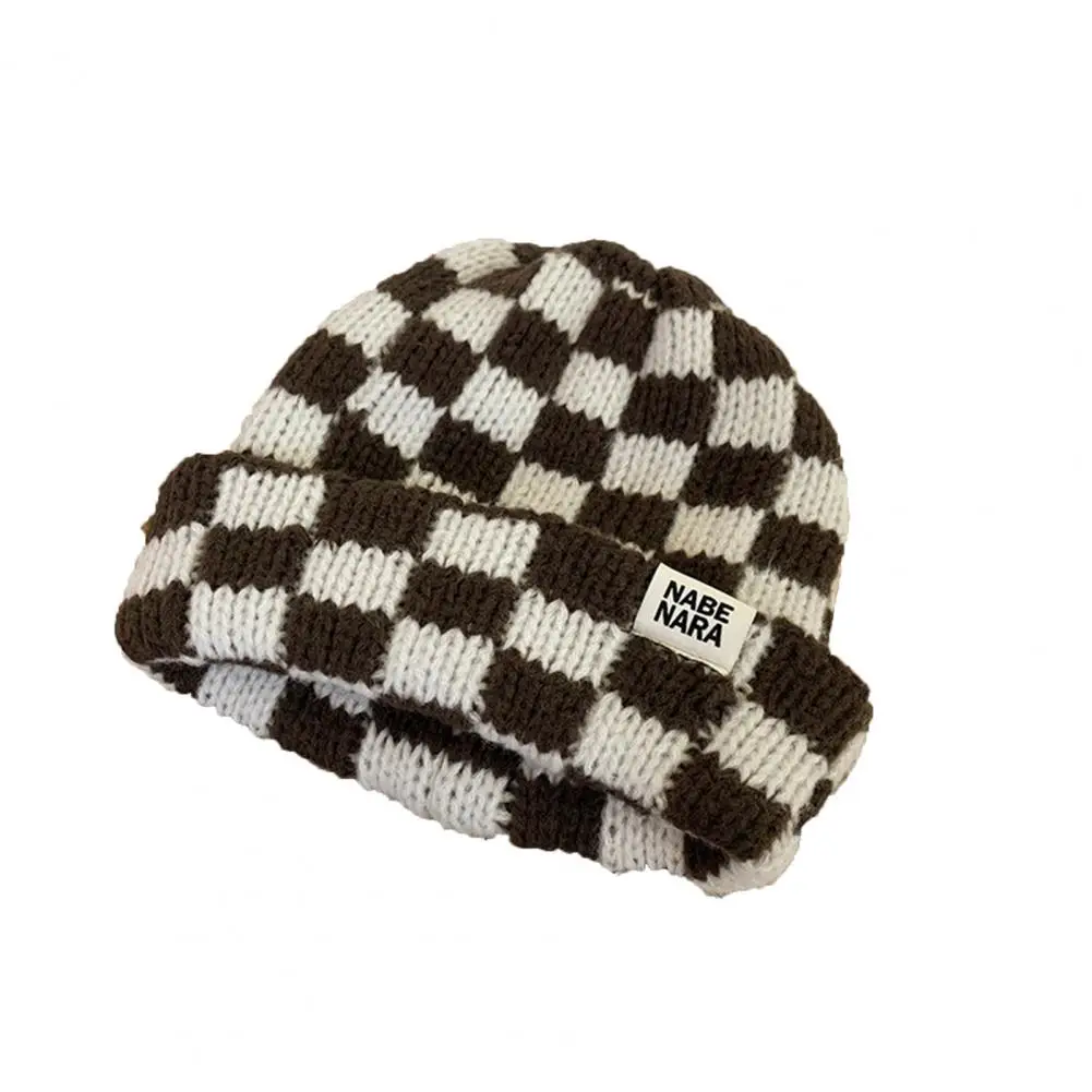 

Cute Women Winter Hat No Brim Cozy Lady Winter Beanie Chessboard Women Hat
