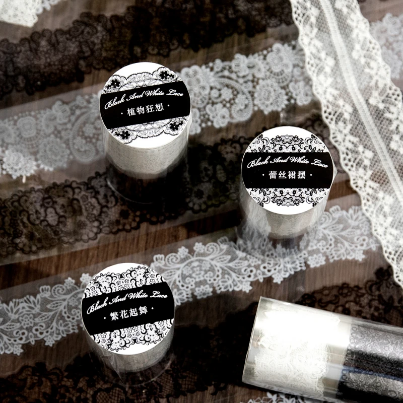 

75mm*2m 6 Design Vintage Black white lace PET tape Stick Labels Decorative Masking tape Planner Diy Scrapbooking Diary Album