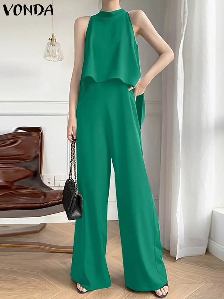 

VONDA Stylish Female Casual Trousers Suit Street Palazzo Set Sleeveless O-Neck Tank Tops Blouses Women Wide Leg Long Pants Set